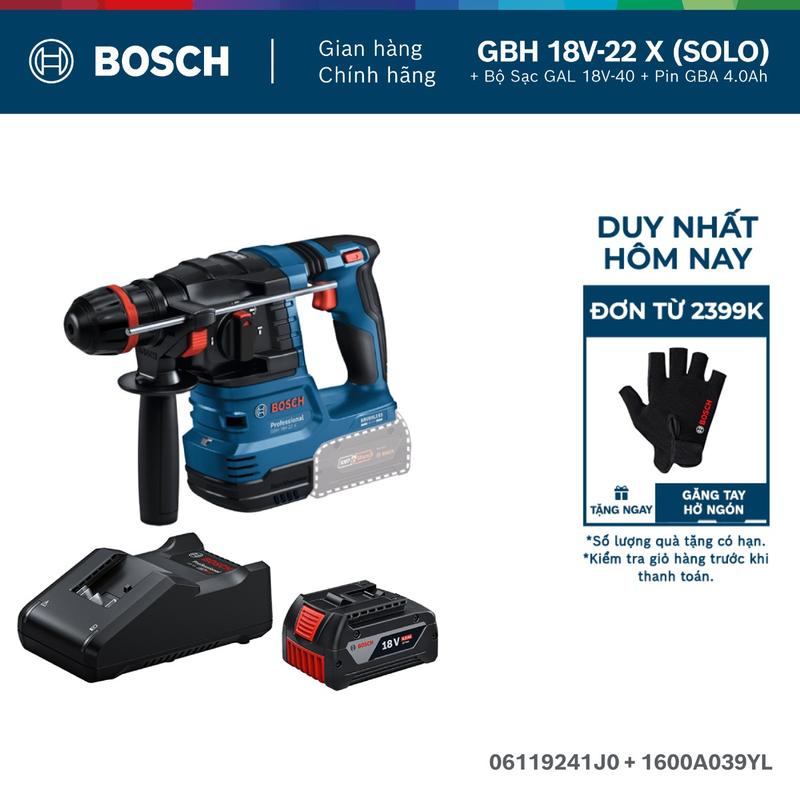  Máy Khoan Búa Pin Bosch GBH 18V-22 X  SOLO  + Bộ Sạc GAL 18V-40 và 1 Pin GBA 4.0Ah 