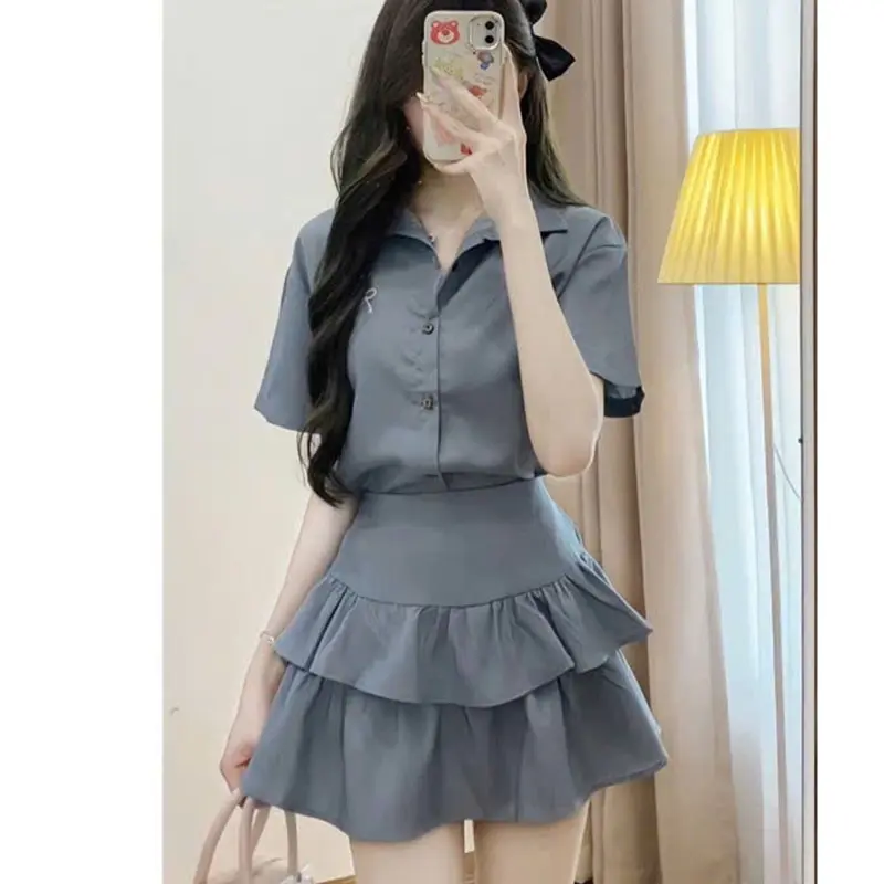 Set bộ đồ nữ áo sơ mi thêu nơ nhỏ mix chân váy 2 tầng hottrend B324 SUTANO 5