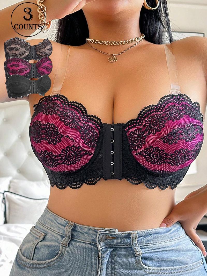 Product Introduction of 【Plus Size】 Women's Solid Color Lace Scallop Trim Push Up Front-Closure Bra, Soft Breathable Comfortable Underwire Backless Bra with Removable Transparent Straps for Daily Wear, Women's Lingerie for All Seasons 1