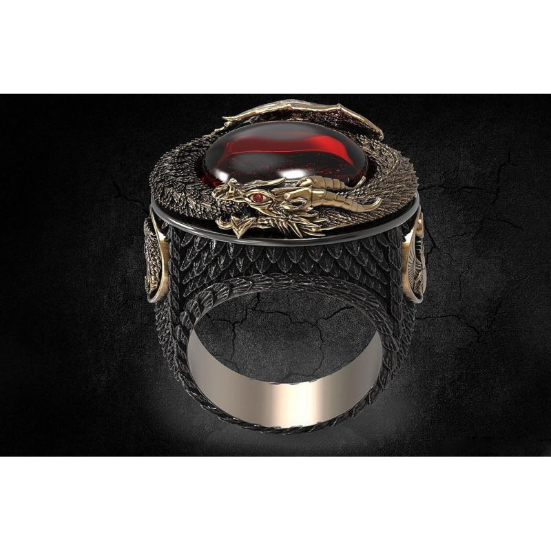 Dargon and Phoenix vintage black gold men's ring Engraved gold and red garnet ring Anniversary gift Wedding 1