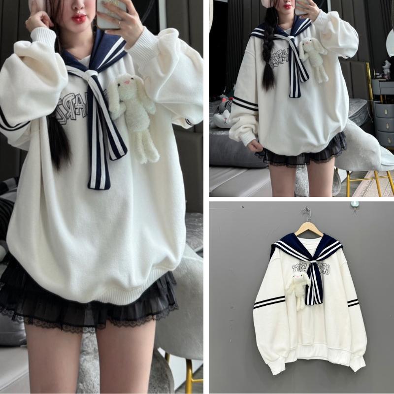 Áo nỉ sweater dài tay thủy thủ thêu hình mặt gấu dễ thương freesize form rộng xinh xắn , dễ thương cho nữ