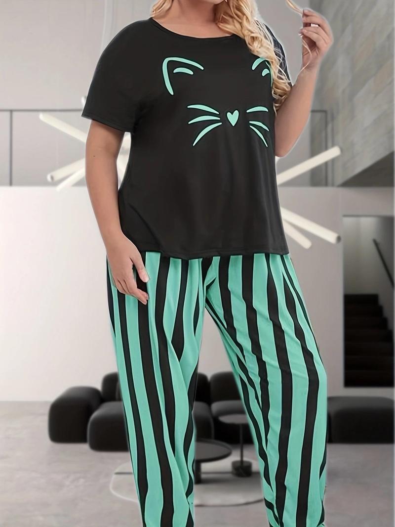 Product Introduction of Plus Size 2pcs Cat Print Tee & Striped Print Elastic Waist Pants Pyjama Set, Casual Cute Round Neck Short Sleeve T-Shirt & Trousers PJ Set, Women's Sleepwear for All Seasons 5