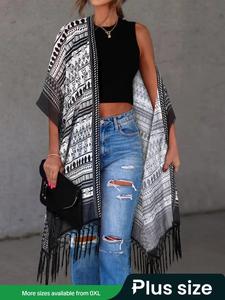 【Plus Size】 Women's Ethnic Pattern Tassel Trim Coat, Boho Style Half Sleeve Top for Beach Vacation Holiday, Ladies Clothes for All Seasons