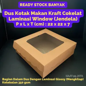 [10 PCS] Dus Kue / Kotak Makan Nasi R10B Full Laminasi Bagian Dalam Dus dan Window/Jendela Bening 22cm x 22cm x 7cm Kraft Cokelat (Ketebalan 350gram) Finishing Warna Coklat Kertas Plastik