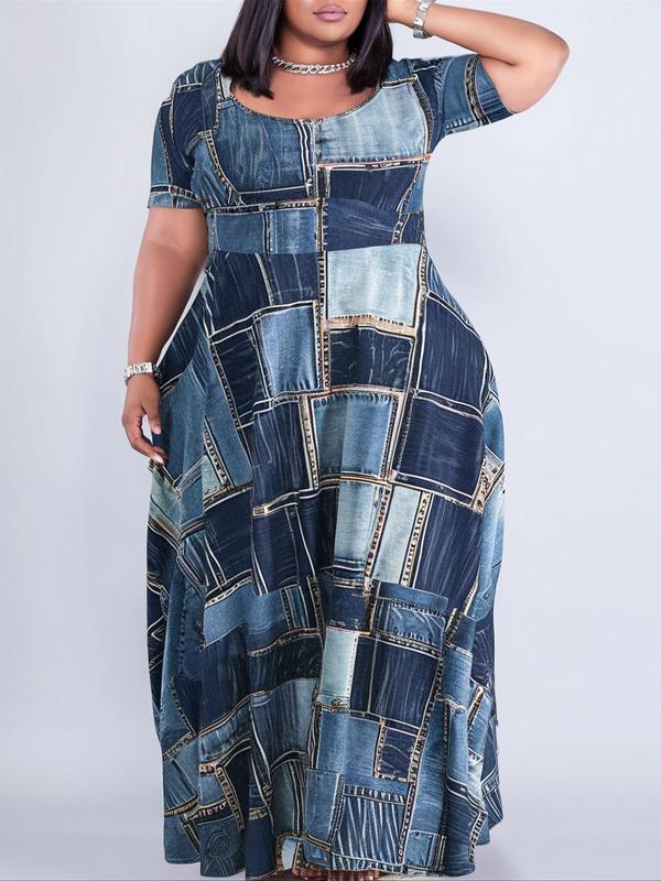 【Plus Size】 All Over Print Round Neck Dress, Casual Short Sleeve Dress for Summer, Women's Plus Clothing for Daily Wear 6