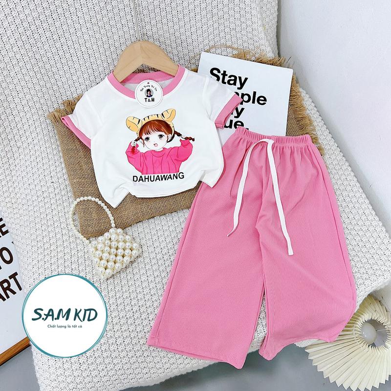 8-40kg Đồ bộ bé gái Sam kids quần ống rộng thun gân lụa áo thun cotton cho bé mát mẻ mùa hè , quần áo bé gái dễ thương, quần áo trẻ em hót