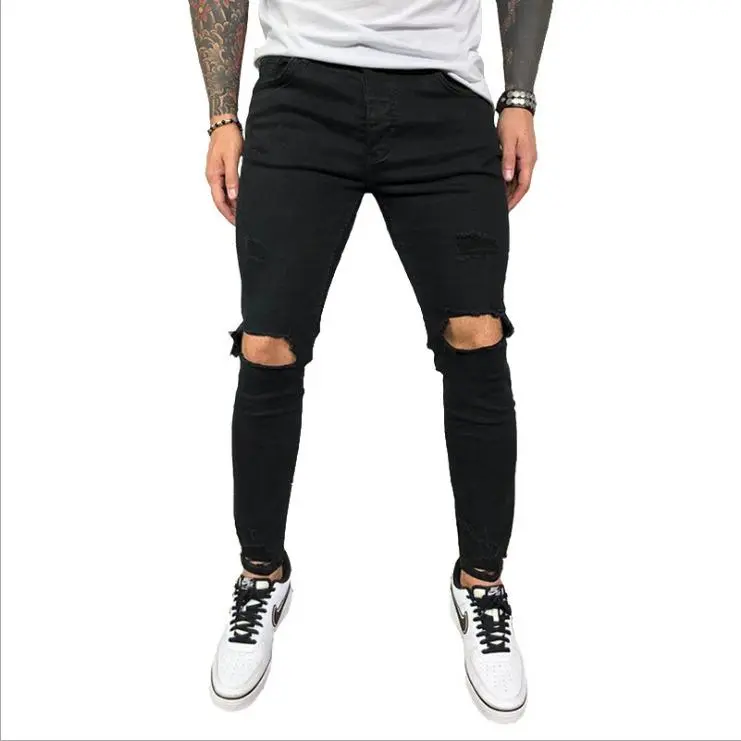 High Quality European and American Men's Ripped Stretch Skinny Jeans Ripped New 2025 Pencil Pants Corrugated Elastic Light Leather Jeans Style Cotton Menswear Breathable Hole Panty Retro Underpants Lingerie Trouser Denim Streetwear Beige   Casual Plain