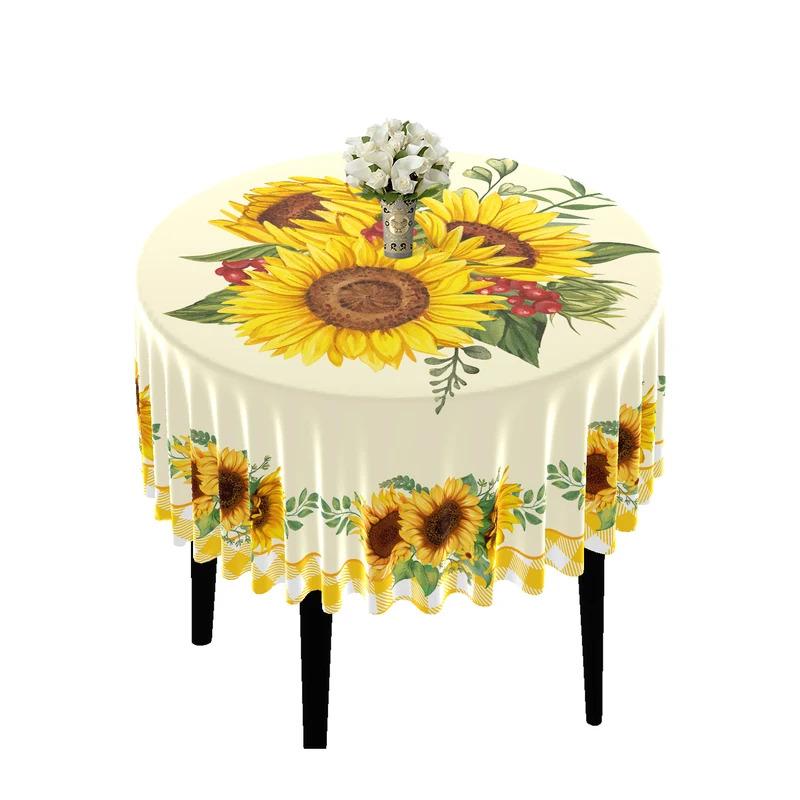 Product Introduction of 1pc Polyester Waterproof Sunflower Oil Painting Round Tablecloth With Mesh Border Table Cover Bohemian Tapestry Suitable For Decorative Or Functional Use In Any Indoor Or Outdoor Dining Occasion 13
