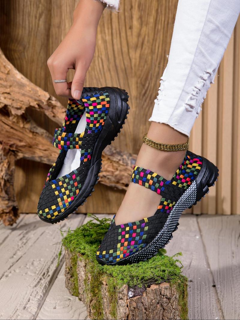 Product Introduction of Women's Boho Style Colorful Plaid Pattern Slip on Sandals, Casual Comfortable Flat Sandals for Summer, Female All-match Round Toe Shoes for Daily Wear, Girl 3