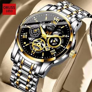 ORUSS Original Men Luxury Hollow Stainless Steel Date Gold/Silver Mens Watch Analog Luminous Waterproof Calendar Korean Automatic Swiss Quartz Wrist Watch For Men Jam Tangan Lelaki