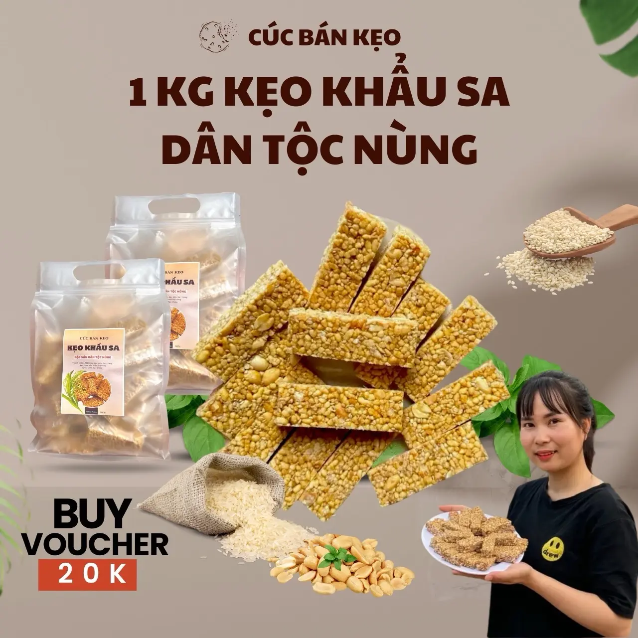 [ COM BO 1KG]- ĐẶC SẢN KẸO KHẨU SA - Kẹo ngọt vừa dễ ăn thơm mùi gạo nếp và mật mía - Cúc Bán kẹo