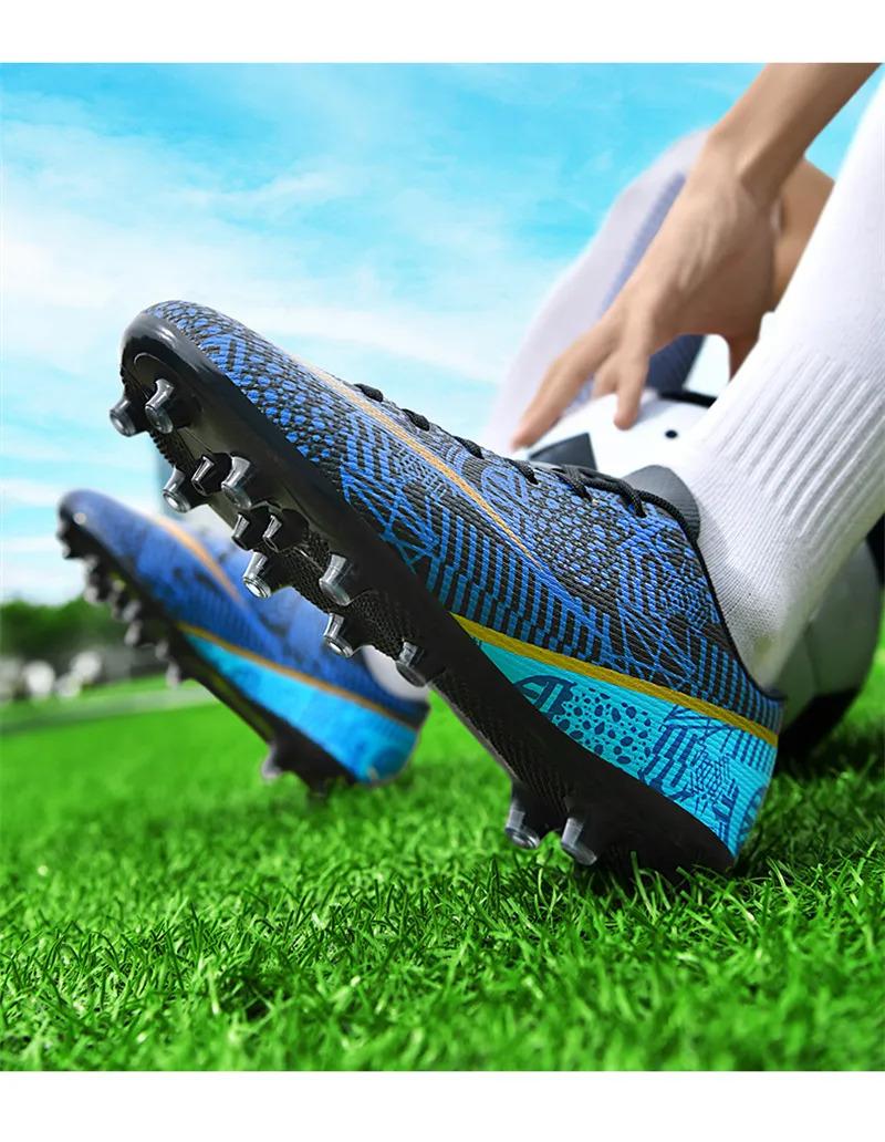 Product Introduction of High Quality Men Women Soccer Shoes Light Cleats Training Football Shoes Ankle Sport Long Spike Sneakers Turf Futsal Shoes Big Size 33-45 43