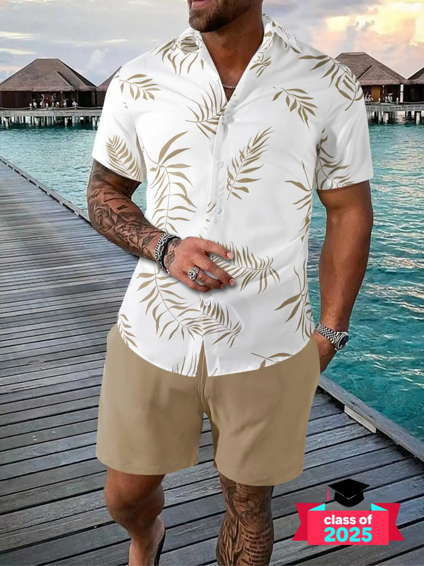 Men's Leaf Print Drawstring Waist Shorts Set, Casual Collared Button Short Sleeve Top & Shorts Set, National Day Clothing, Summer Outfits 2024, Holiday Outfits 2024, Menswear
