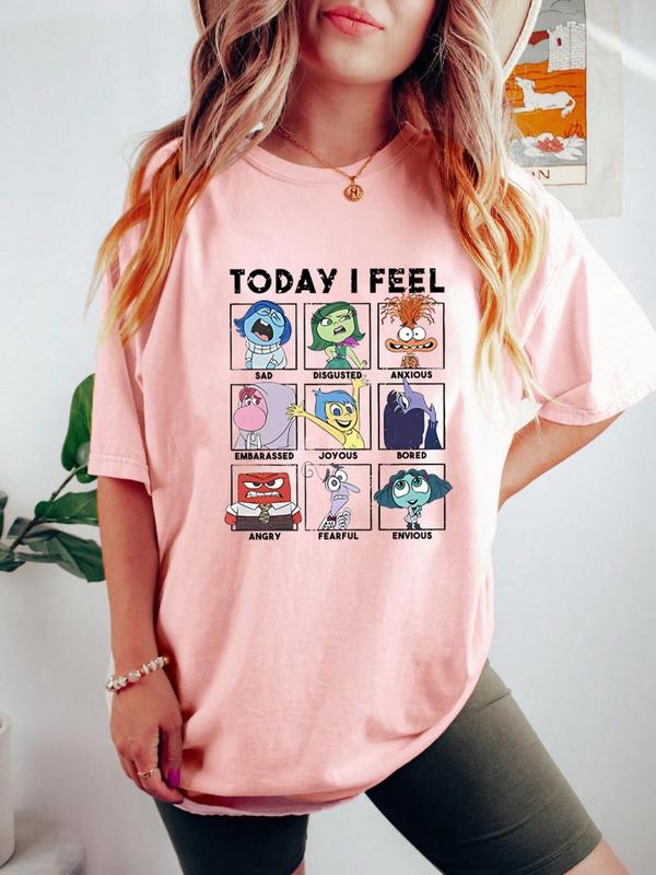 Cartoon Pattern Round Neck Graphic Tee, Casual Letter Print Short Sleeve T-shirt for Summer, Women's Top for Daily Wear 6