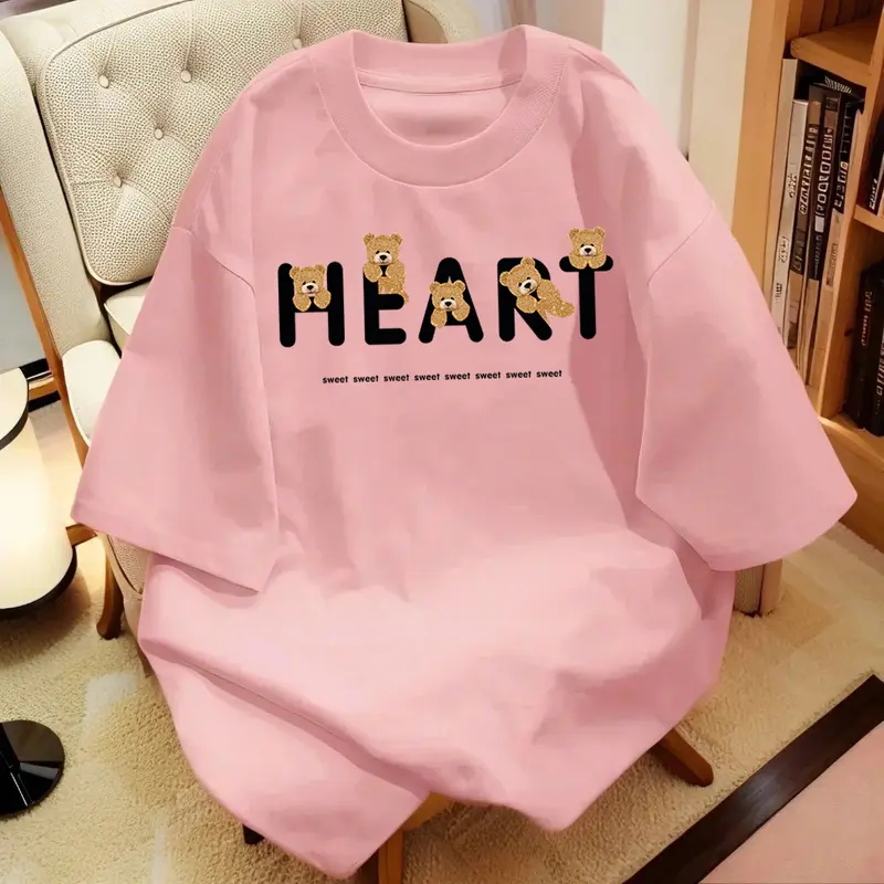 Áo Thun Nữ, Phong Cách Hợp Xu hướng Chất Liệu Cotton Nguyên Chất, Thiết Kế Hình Gấu Hoạt Hình, Thường Ngày Và Dễ Thương, Dễ Phối Đồ Áo Ngắn Tay Hàng Mới Về 5