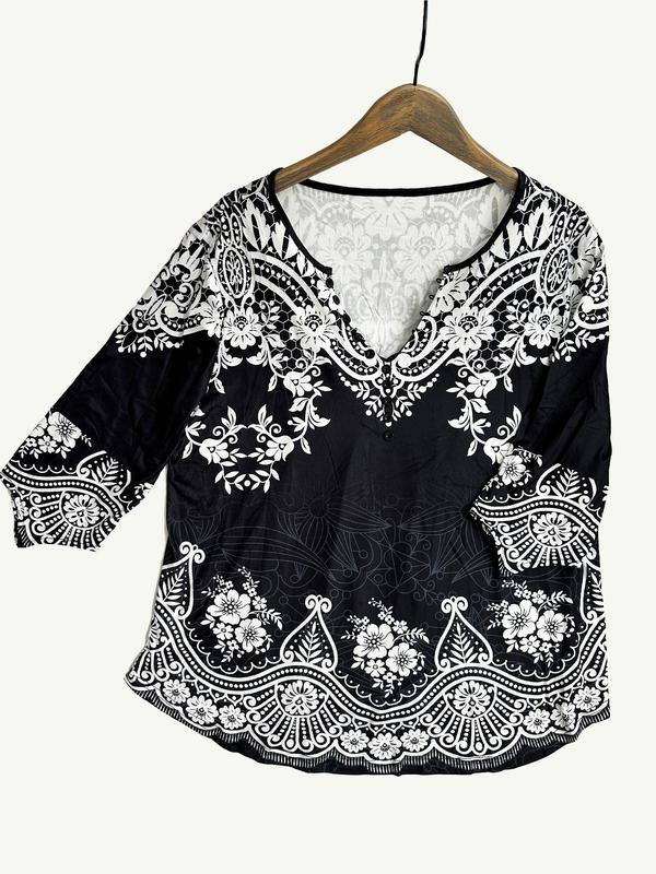 Plus Size Paisley Print Button Front Tee, Boho Notched Neck Flounce Sleeve Top for Women, Women's Plus Clothing for All Seasons 2
