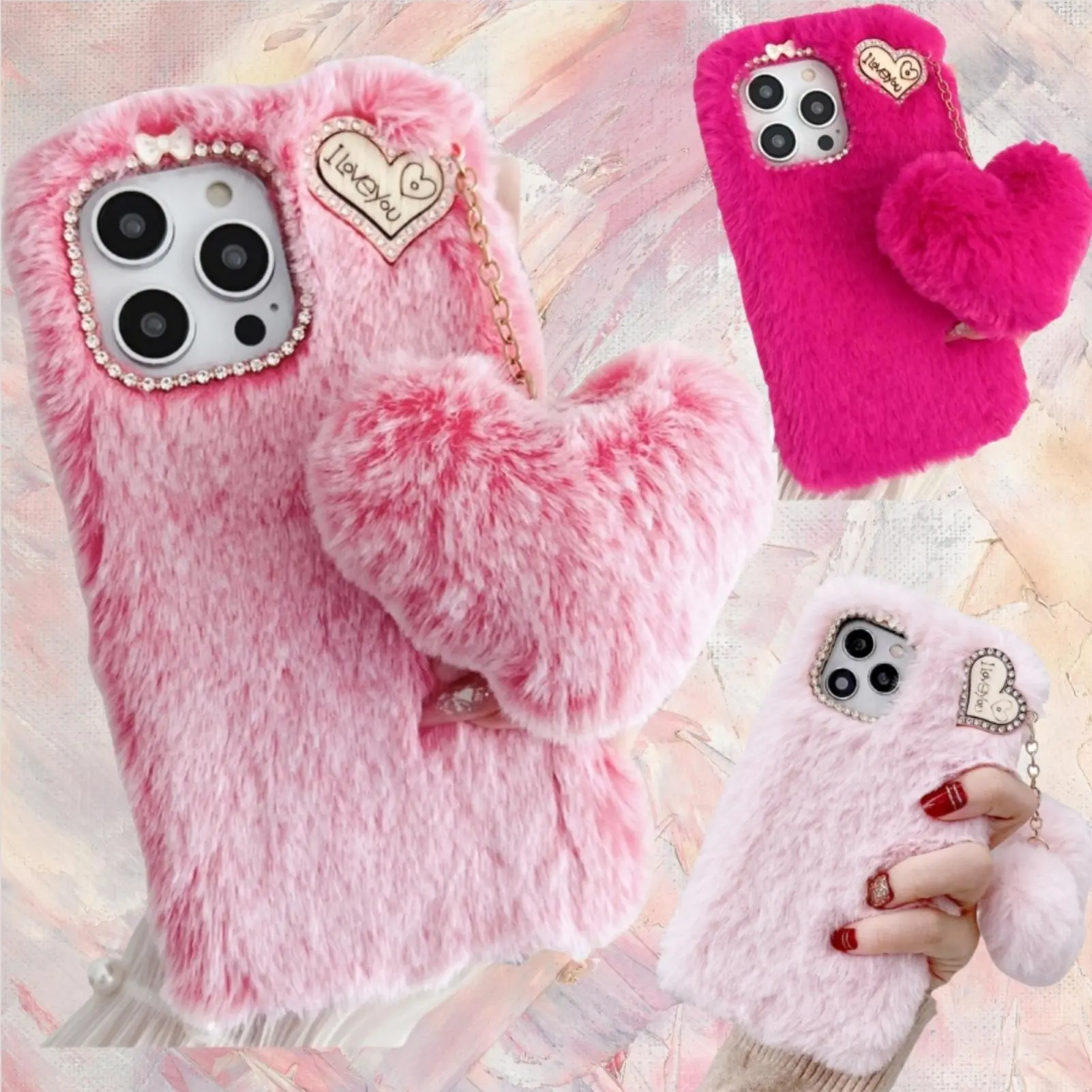 for iPhone 17 16 15 14 13 12 11 Pro Max Plus Pink Rose Red Furry Phone Case  Cover + Cute Plush Love Fur Ball + Rhinestone Frame Diamond Metal Pendant  Women