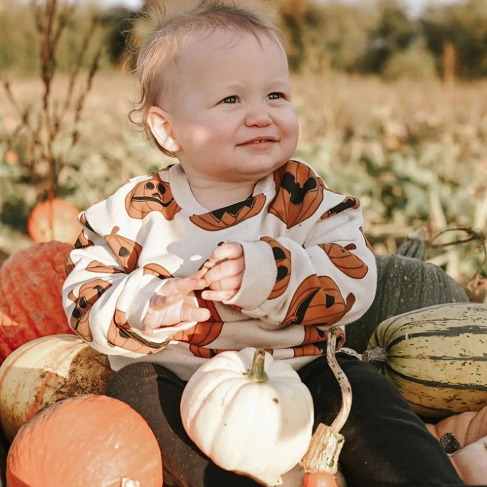 Kids Girl Halloween Sweatshirt with Pumpkin Pattern, Loose Version Classic Crew Neck Holiday Clothing