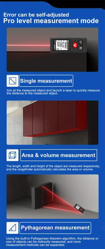 Product Introduction of 40M/131ft SNDWAY Pro Laser Distance Meter - High-Accuracy Digital Measure Tool with Large Backlit Display, Self-Calibration, and Battery Powered Operation - Portable Handle Electronic Ruler for Easy Measurements 11