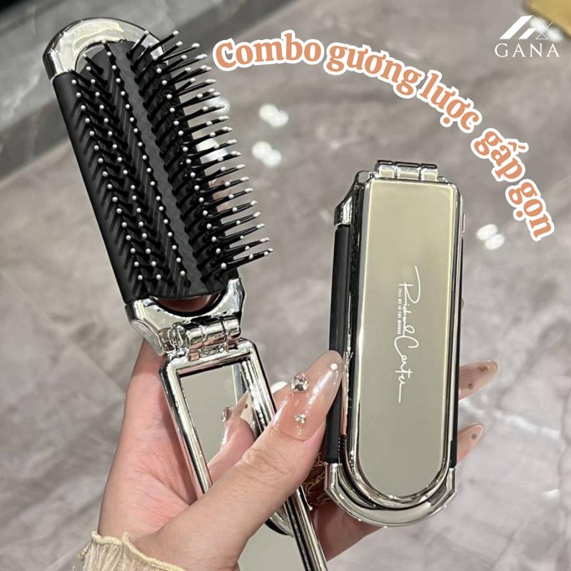 Gương trang điểm tích hợp lược gấp gọn, gương lược di động massa da đầu Cool Green