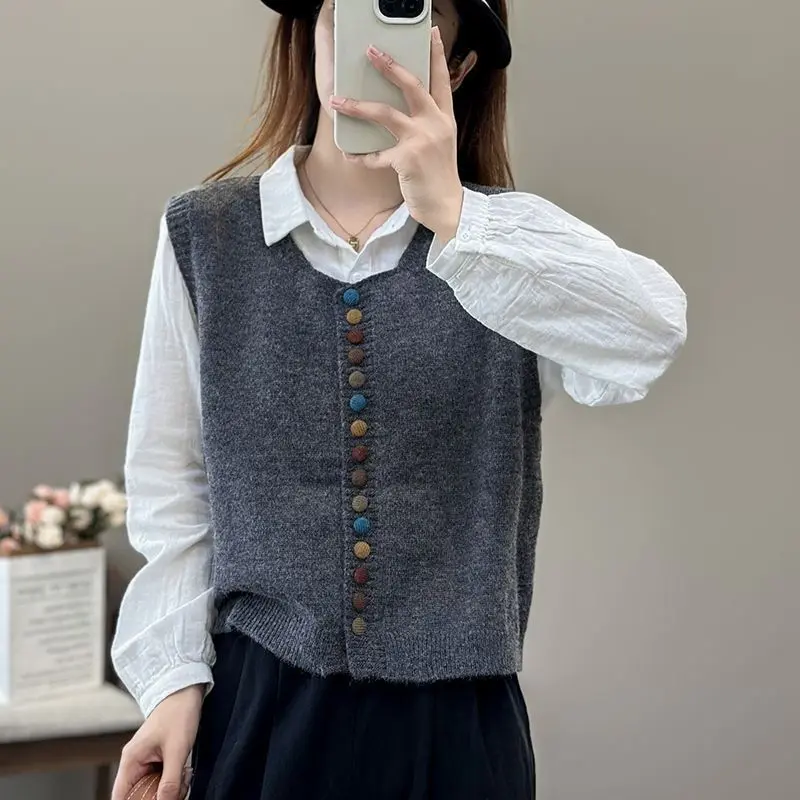 Áo Vest Không Tay Khóa Màu, Dệt Kim, Cổ Tròn, Dáng Rộng Vừa Vặn, Hàng Mới Về Mùa Thu, Áo Len, Dành Cho Nữ, Phong Cách 202 400, Phù Hợp Top Women 3