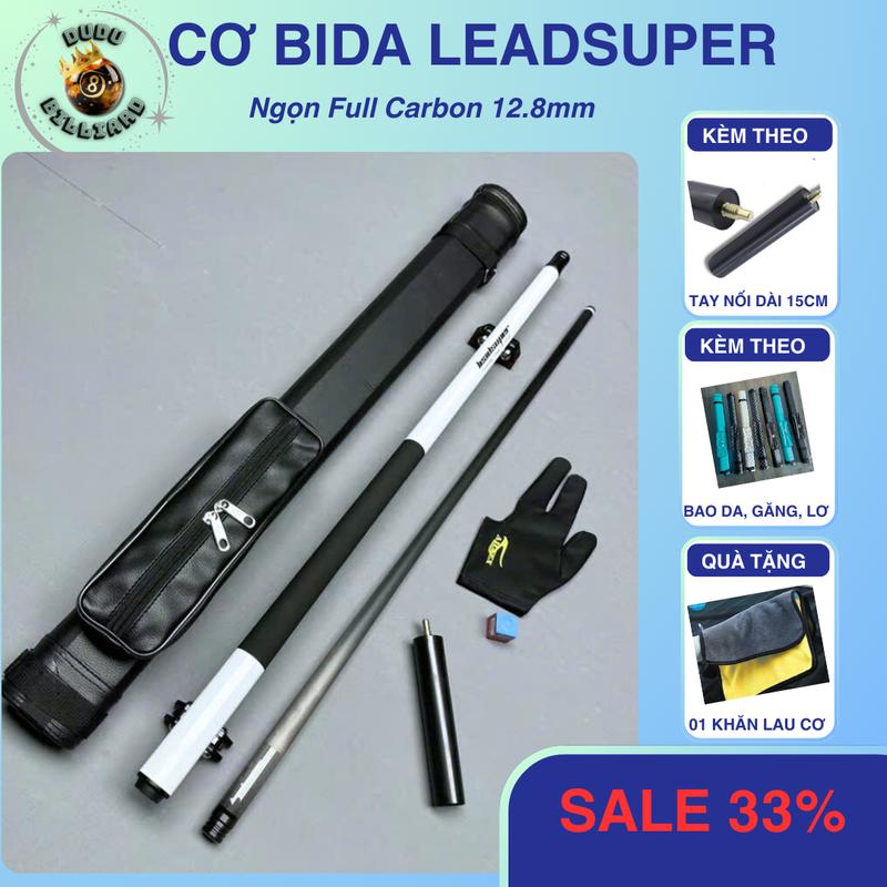Cơ Bida LEADSUPER - D&A Full Carbon Ngọn 12.8mm Tay Cầm Bọc Da PU Ngọn Full Carbon Phụ Kiện Cao Cấp Tặng Kèm cơ bida cơ lead