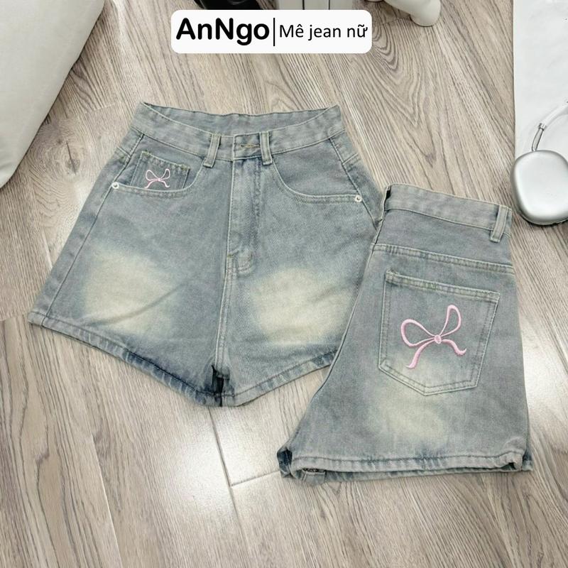 Có big size Quần short jean nữ lưng cao chất denim không co giãn thêu nơ túi trước sau Anngo - AT479