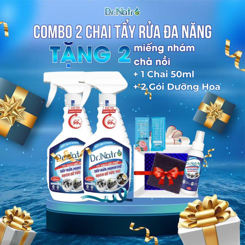 Combo 2 chai Dr Natro - Siêu Tẩy Đa Năng - Chai 500ml - Mua 2 tặng 5 ( 2 gói dưỡng hoa, 2 nhám, 1 chai 50ml ) Làm Sạch