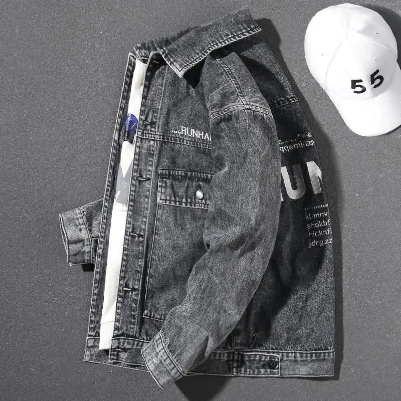 Áo Khoác Denim, Màu Đen Và Xám, Dành Cho Nam Giới, Bộ Sưu Tập Mới Mùa Thu, Hợp Xu hướng Và Đẹp Trai, Dáng Rộng Vừa Vặn, Cổ Áo Vuông Làm Cũ, Thêu Chữ, Dễ Phối Đồ