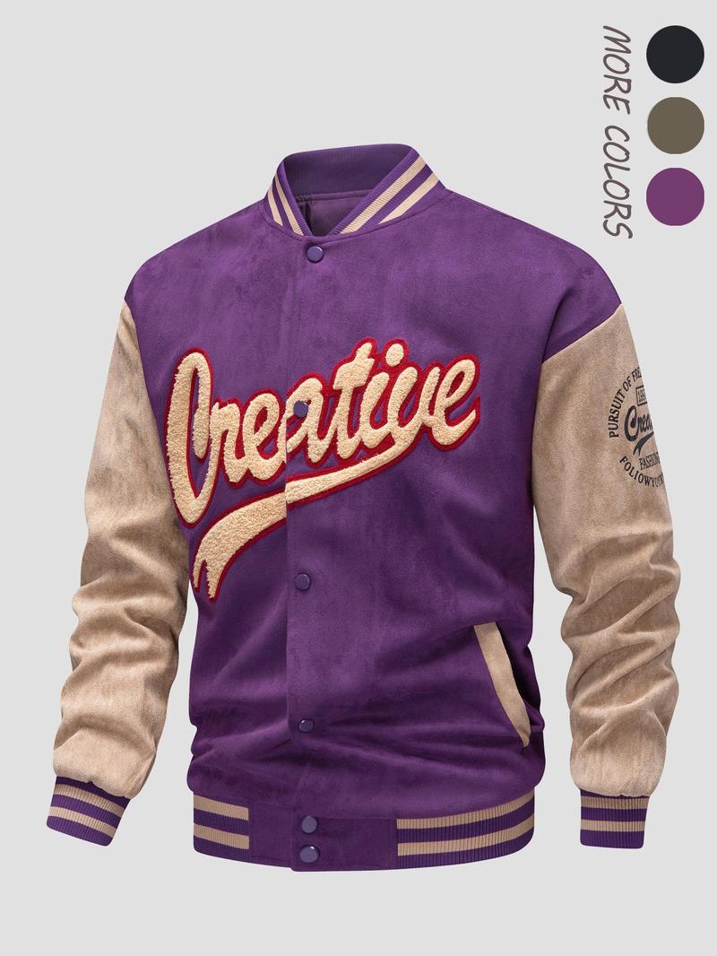 Product Introduction of Men's Letter Embroidery Patchwork Button Front Varsity Jacket, Loose Casual Long Sleeve Mock Neck Outerwear for Fall & Winter,  Jackets for Men, Men's Clothes for Daily Wear 7