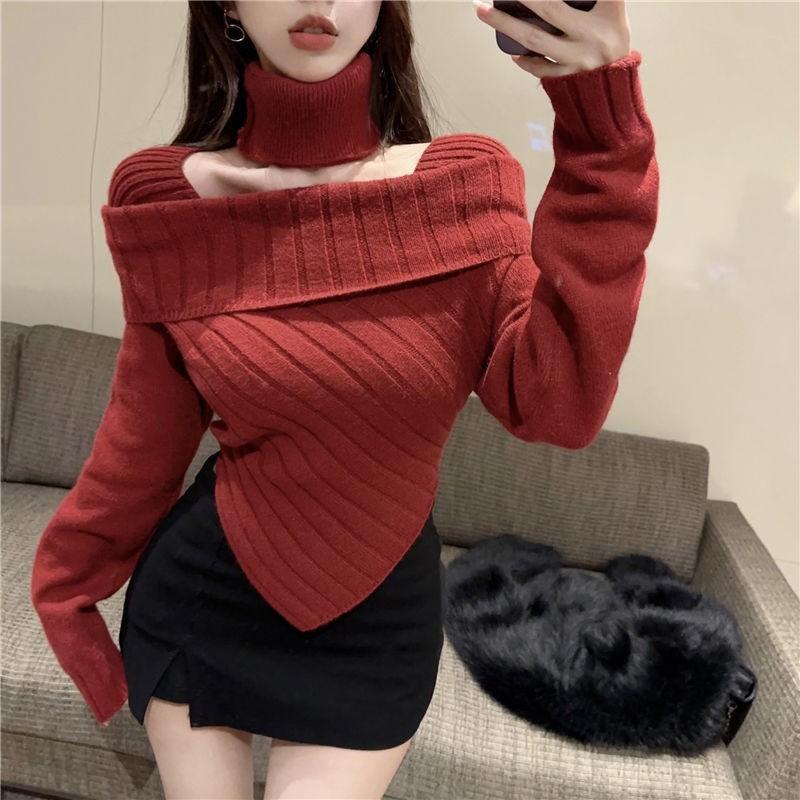 Product Introduction of Áo Len Cổ Vuông, Màu Trơn Dây Treo Cổ Dài Tay, Dành Cho Nữ, Mùa Thu Và Mùa Đông, Nhẹ Nhàng Và Gợi Cảm, Thiết Kế Bất Đối Xứng Ôm Sát, Áo Len 5
