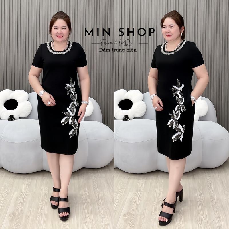 Đầm trung niên Quảng Châu M099 form suôn phù hợp đi du lịch, đi tiệc đơn giản - Nữ, Women Dress Đen Voi Sen Nhung Voan