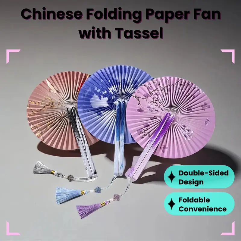 Chinese Folding Paper Fan, 1 Count Ancient Tassel Fan, Hanfu Qipao Classical Group Fan, Female Fan for Home Decor 1