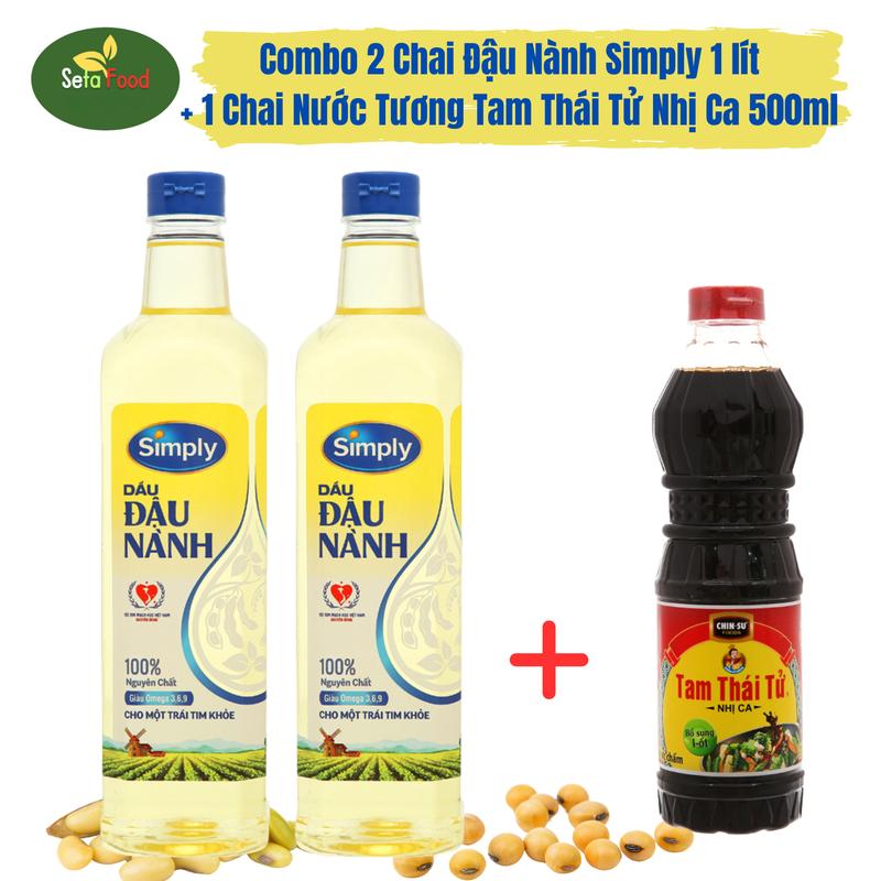Combo 2 chai dầu đậu nành Simply 1 lít + 1 chai nước tương Tam Thái Tử nhị ca 500ml - Nước Sốt Gia Vị Dầu Ăn chai di tâm nuoctuong chinsu