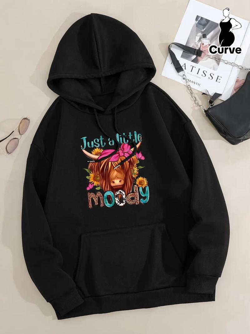 Product Introduction of Plus Size Cartoon Cow & Letter Print Drop Shoulder Hoodie, Fashion Casual Drawstring Pocket Hooded Sweatshirt for Daily Holiday Outdoor Wear, Women Plus Clothing for Fall & Winter 1