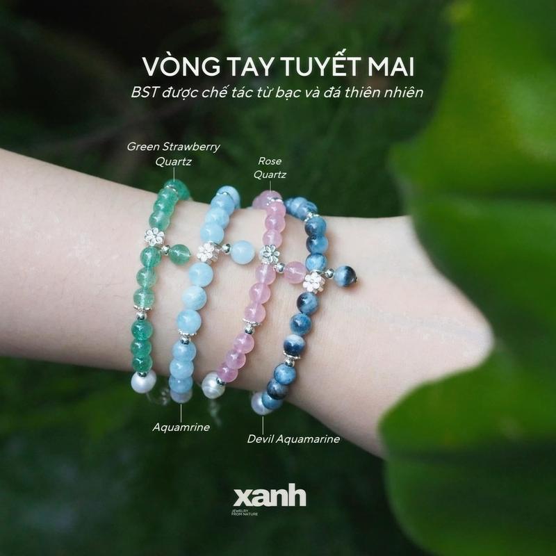 Vòng tay Tuyết mai ngọc trai mix đá thiên nhiên Thạch anh hồng Rose quartz - Devil Aquamarine - Aquamarine- Thạch anh dâu xanh và charm hoa bi bạc thanh lịch hằng ngày- Xanh Jewelry vòng  tay  aquamarine