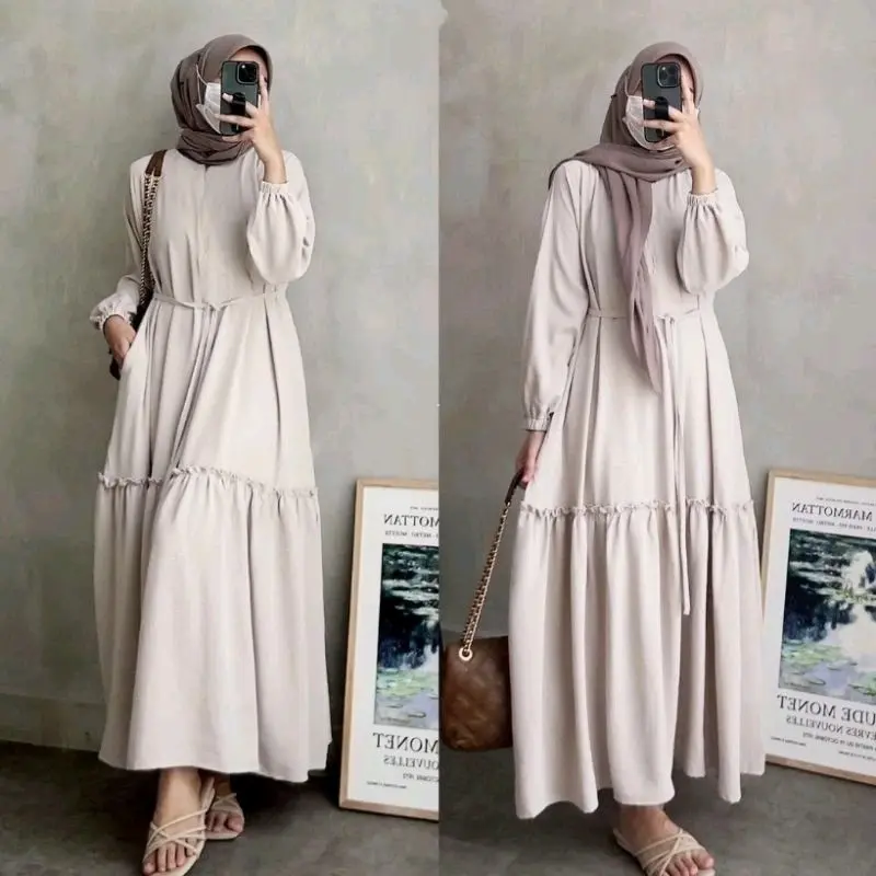 [ Spesial Ramadhan ] Rosaline Dress | Gamis Kondangan Simple Maxi Muslim Wanita Dewasa Kain Lengan Karet Variasi Ruffle Crinkle Airflow Crepe Warna Burgundy 4