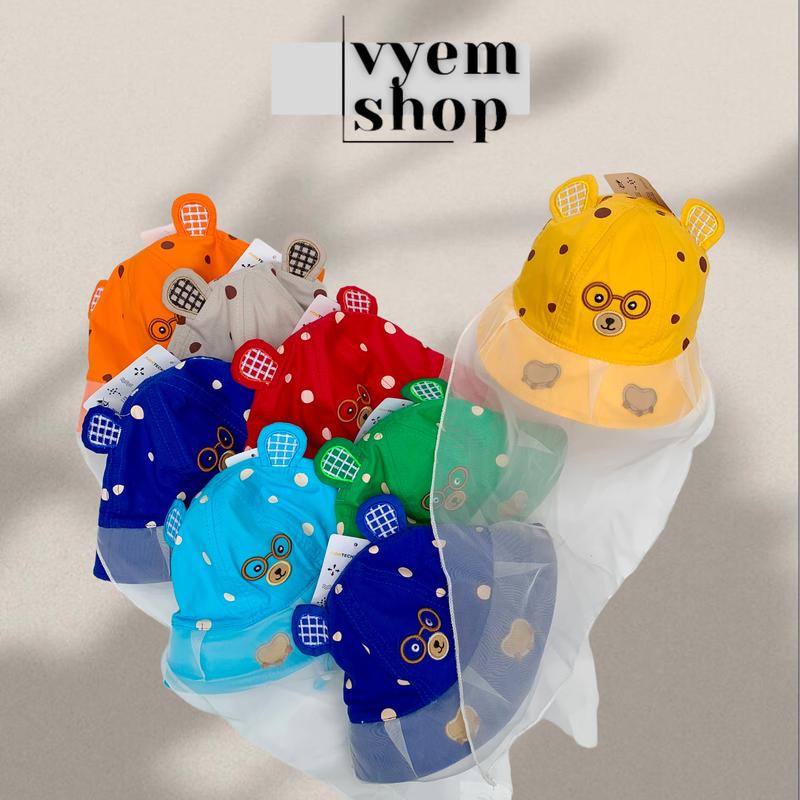 Mũ có khăn voan cho bé sơ sinh cản bụi gió chống nắng, Bo VON GẤU ĐEO KÍNH, nón tai bèo vành trẻ em trai gái