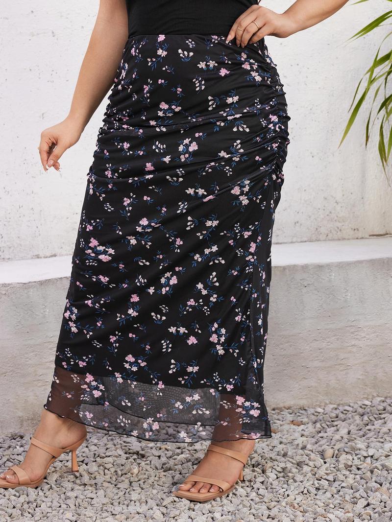 Product Introduction of CURVZY Plus Size Autumn Aesthetic Floral Print Ruched Mesh Skirt, Boho Fashion Long Skirt For Daily Holiday Vacation Wear, Women Plus Clothing For Summer & Autumn 17