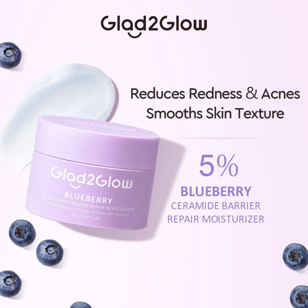 Glad2Glow 5% Blueberry Moisturizer Cream 5x Ceramide Skin Barrier Repair 30g Extract Wajah