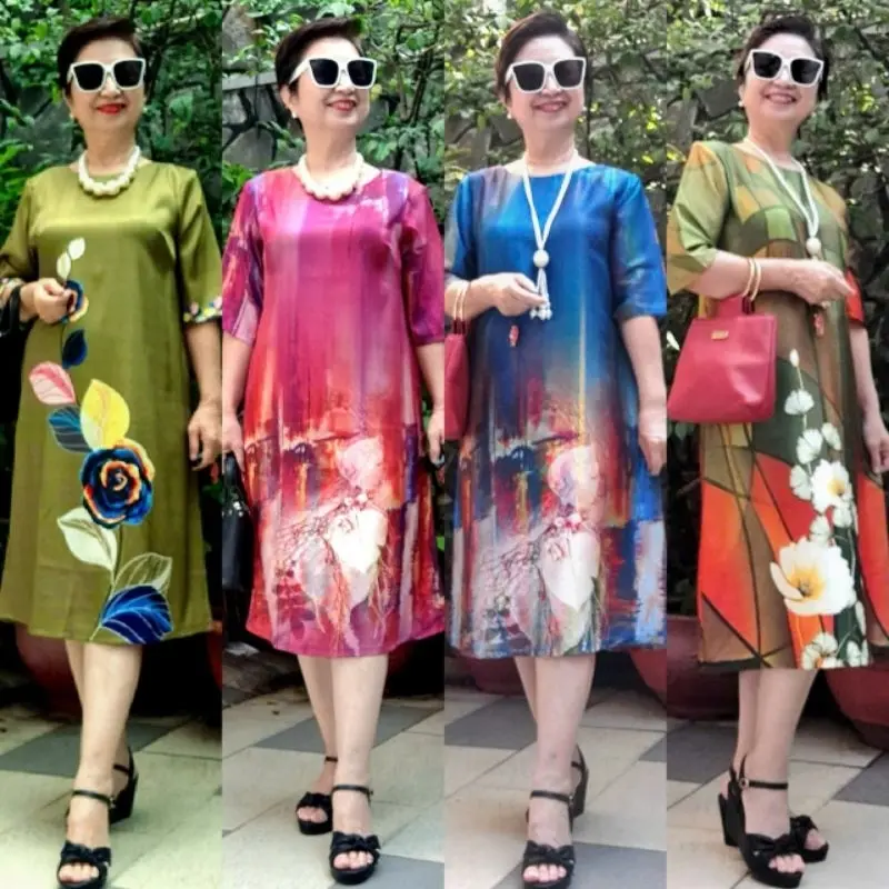 Váy Đầm Trung Niên form Suông A Che Bụng - Vải Lụa Cao Cấp In 3D Sang Trọng, Thoáng Mát, 2 Túi, Dây Kéo Tốt, Size từ 48kg đến 90kg. Nữ Women