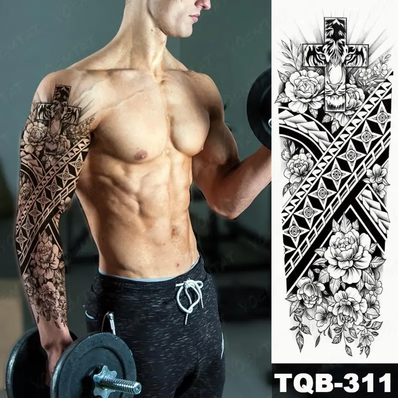 Miếng Dán Hình Xăm Tạm Thời Không Thấm Nước, Cánh Tay Áo Lớn, Thiết Kế Totem Maori Và Maya Bộ Lạc, Hình Xăm Lung Linh Thích Hợp Cho Phụ Nữ Và Nam Giới, Nghệ Thuật Cơ Thể Màu Đen, Hình Xăm Giả 3