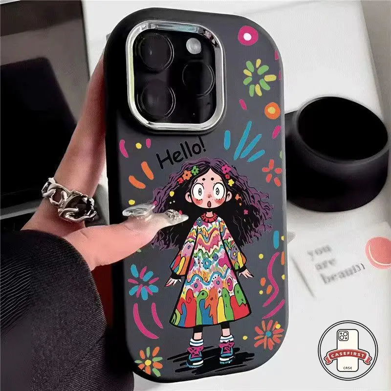 Kartun Grafiti Lucu Rambut Keriting Rambut Gadis Case Kompatibel Untuk Iphone 14 11 15 13 12 Pro Max 12Pro 14Pro 15Pro 13Pro Kreatif Lensa Mewah Lensa Seni Lembut Penutup Berwarna-warni