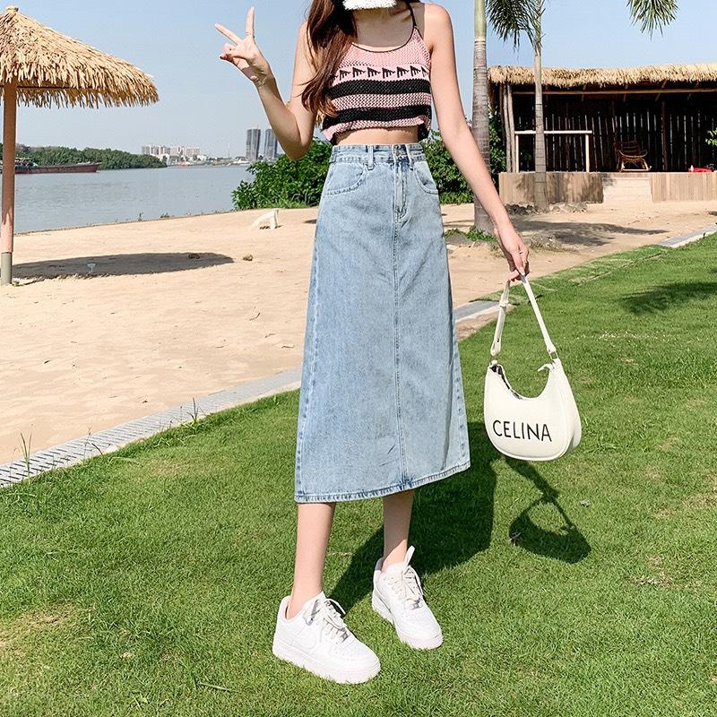 Chân Váy Jean Xẻ Sau Dáng Dài. Chân Váy Bò Dài Qua Gối Dáng A_A1 Nữ Khuy Voi Lịch Voan