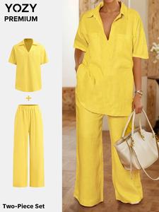 YOZY Women's Solid Color Collared Blouse & Straight Leg Pants Two-piece Set, Casual Pocket Half Sleeve Top & Trousers for Daily Wear, Ladies Two-piece Outfits for All Seasons
