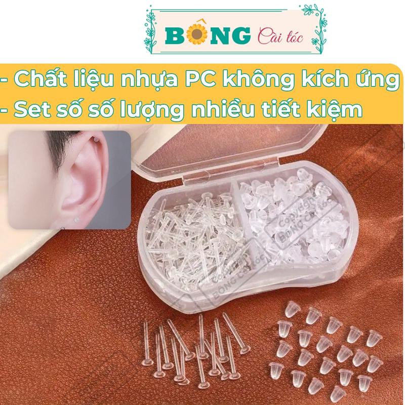 Set kèm hộp bông tai nhựa trong suốt giữ lỗ hình tròn không gây kích ứng BT120 - khuyên nhựa BÔNG Cài Tóc