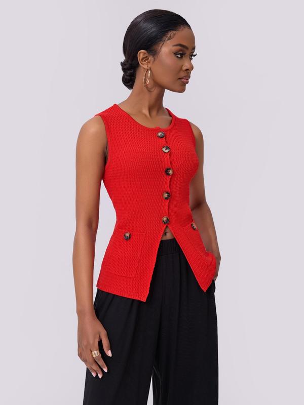 Women's Plain Button Pocket Vest Jacket, Casual Sleeveless Round Neck Knit Top for Summer, Ladies Clothes for Daily Wear 3