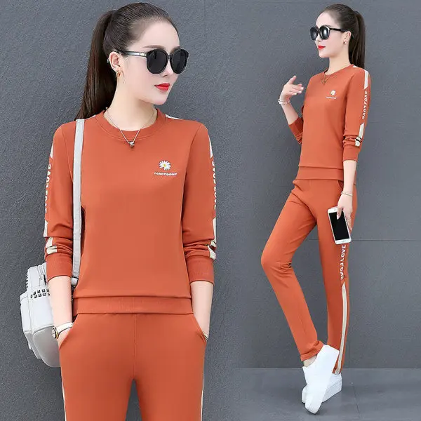 Bộ Đồ Thể Thao Thường Ngày Cho Nữ, Thời Trang Mùa Xuân Và Mùa Thu, Bộ Đồ Quần Áo Thể Thao Mới, Cổ Tròn, Dáng Rộng Vừa Vặn, Phong Cách Phương Tây, Áo Len Và Quần Dài, Bộ Hai Mảnh