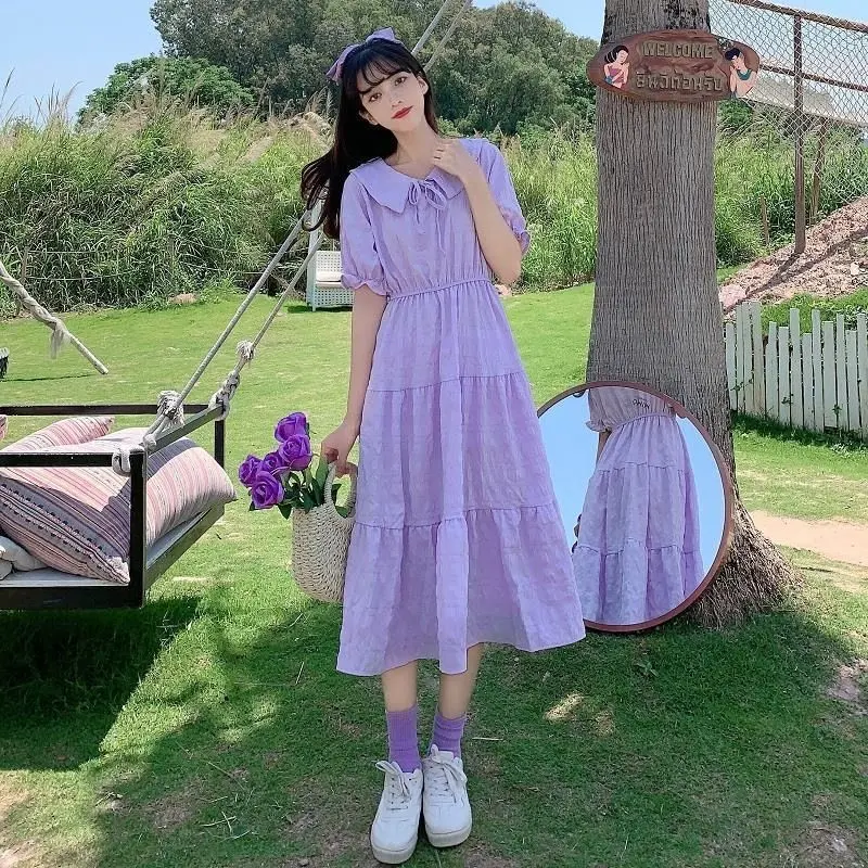 Summer 2024 New Purple Lace up Peter Pan Collar Waist Slimming Mid-Length Temperament Pleated Short Sleeves Dress Women