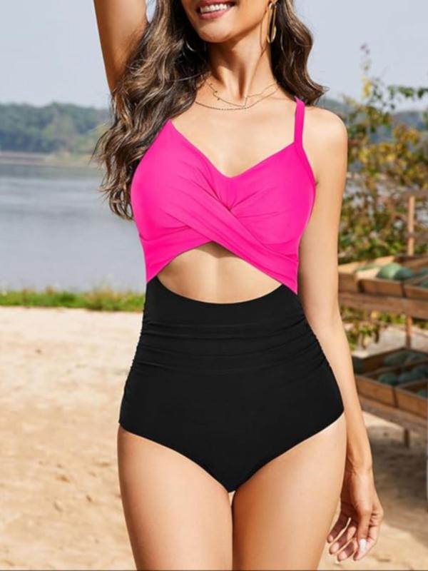 Women's Colorblock Print Criss Cross Cut Out Ruched One-Piece Cami Swimsuit, Casual Chic Sweetheart Neck Tie Back Sleeveless Swimwear, Ladies Summer Swimsuit for Beach Holiday Vacation 6